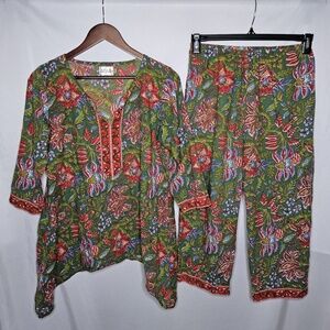 Womens Exclusively for Signals Lounge Pajamas Green Floral BOHO 2 Piece Set Sz M